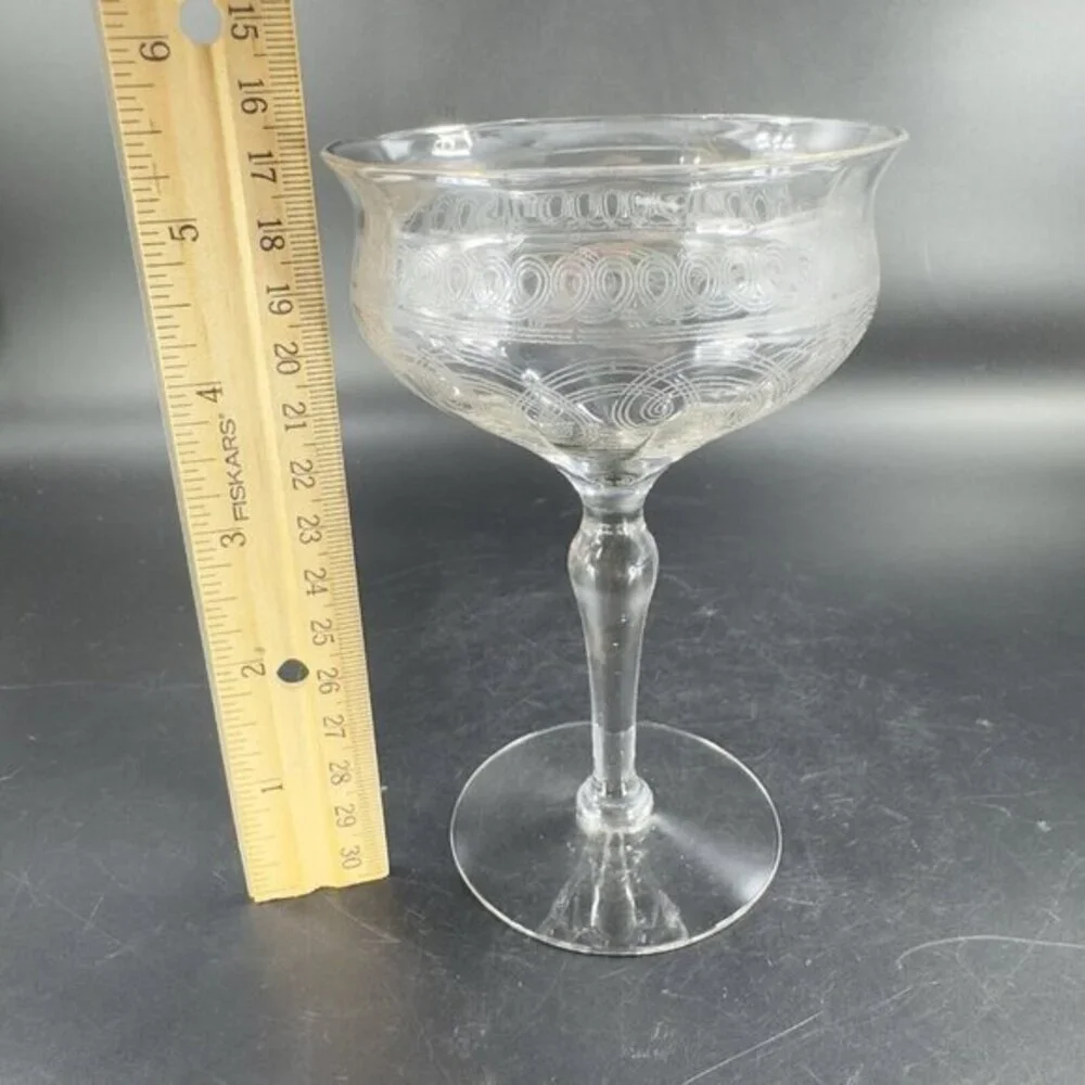 Antique French Glasses Needle Etched Green UV‎ Manganese 365nm Set 2 Drink Cups